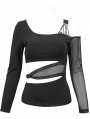 Black Sexy Gothic Punk Off-the-Shoulder Long Sleeve Short T-Shirt for Women