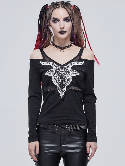 Black Gothic Punk Patterned Off-the-Shoulder Long Sleeve T-Shirt for Women