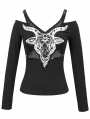 Black Gothic Punk Patterned Off-the-Shoulder Long Sleeve T-Shirt for Women