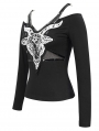 Black Gothic Punk Patterned Off-the-Shoulder Long Sleeve T-Shirt for Women