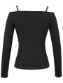 Black Gothic Punk Patterned Off-the-Shoulder Long Sleeve T-Shirt for Women