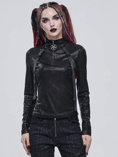 Black Gothic Punk Pentagram Long Sleeve Buckle Belt T-Shirt for Women