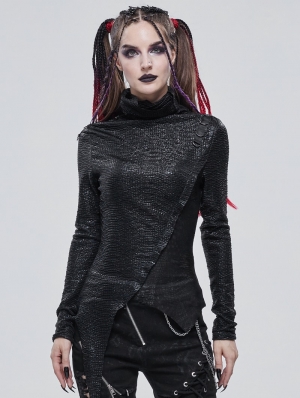 Black Gothic Punk High Collar Long Sleeve Asymmetrical T-Shirt for for Women