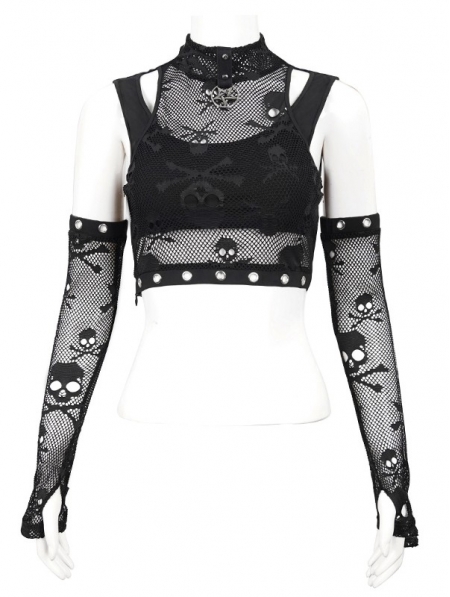 Black Gothic Punk Skull Pattern Tank Top with Detachable Sleeve for ...