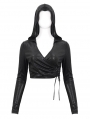 Black Sexy Gothic V-Neck Long Sleeve Hooded Short T-Shirt for Women