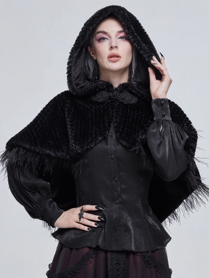 Black Gothic Feather Hooded Short Cape for Women