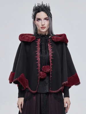 Black and Red Retro Gothic Short Hooded Cloak for Women