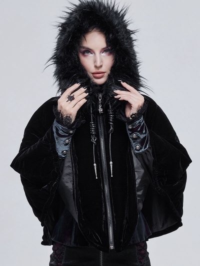 Black Gothic Faux Fur Winter Warm Hooded Short Cape Coat for Women