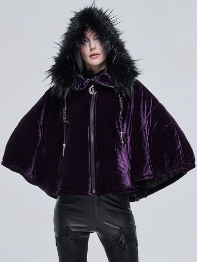 Purple Gothic Faux Fur Winter Warm Hooded Short Cape Coat for Women