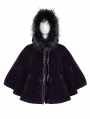 Purple Gothic Faux Fur Winter Warm Hooded Short Cape Coat for Women