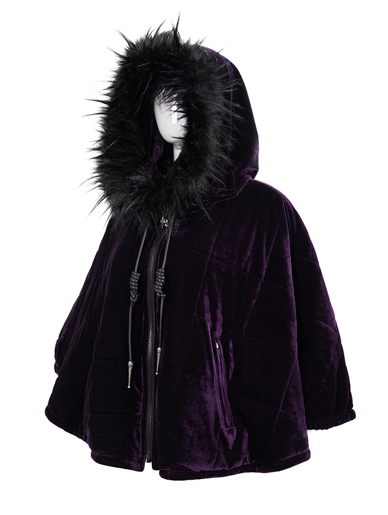 Women Short Faux Hooded Warm Furry Splicing Jacket Long Sleeve O 並行輸入品 Purple Gothic Faux Fur Winter Warm Hooded Short Cape Coat for