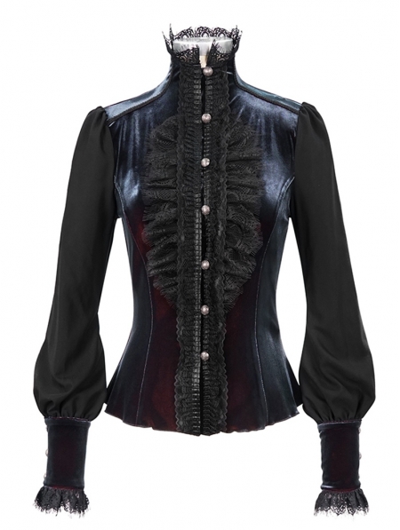 Blue Retro Gothic Velvet Long Sleeve Blouse for Women - Devilnight.co.uk