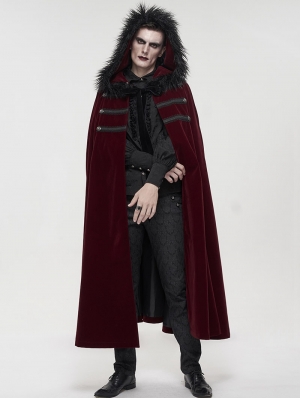 Red Gothic Winter Warm Long Hooded Faux Fur Cloak for Men