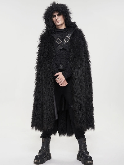 Black Gothic Punk Winter Warm Faux Fur Long Hooded Cape for Men