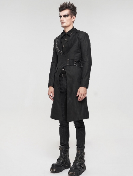 Black Gothic Punk Mid-Length Coat for Men - Devilnight.co.uk