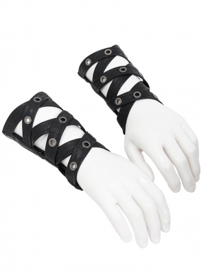 Black Gothic Steampunk Eyelet Wrist Gloves for Men
