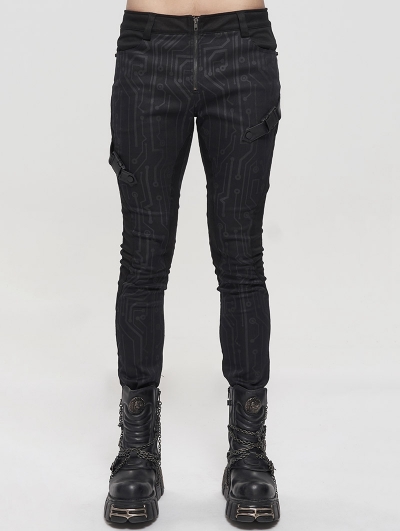 Black Gothic Punk Patterned Long Slim Trousers for Men