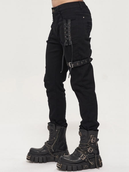 Black Gothic Punk Daily Wear Straight Fitted Long Trousers for Men ...