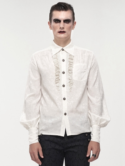 White Gothic Retro Jacquard Long Lantern Sleeve Shirt for Men