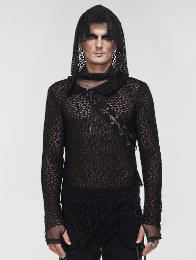 Black Gothic Punk Irregular Hooded Net T-Shirt for Men