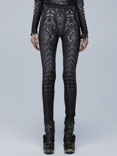 Black and Gray Gothic Skinny Skeleton Print Leggings for Women