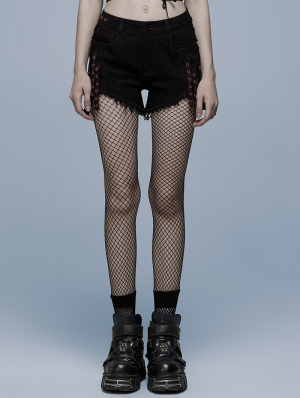Black and Red Gothic Punk Jeans Shorts for Women