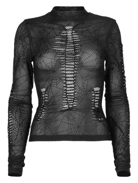 Black Gothic Spider Web Printting Perspective Long Sleeve T-Shirt for ...