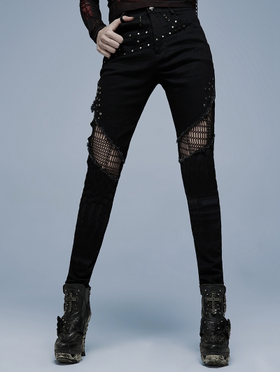 Black Gothic Punk Heavy Metal Denim Trousers for Women