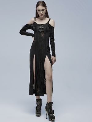 Black Gothic Off-the-Shoulder Long Sleeve Sexy Split Dress
