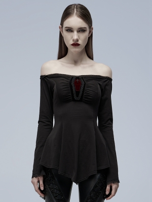 Black Gothic Off-the-Shoulder Long Sleeve Irregular T-Shirt for Women