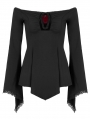 Black Gothic Off-the-Shoulder Long Sleeve Irregular T-Shirt for Women