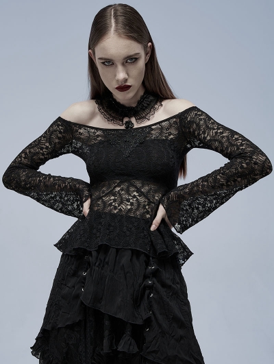 Black Gothic Off-the-Shoulder Sexy Perspective Lace Shirt for Women