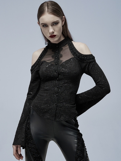 Black Elegant Gothic Off-the-Shoulder Long Sleeve Shirt for Women