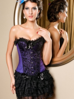Purple and Black Floral Pattern Overbust Gothic Corset