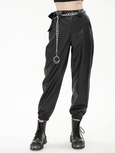 Black Gothic Punk PU Leather Daily Wear Long Cargo Pants for Women