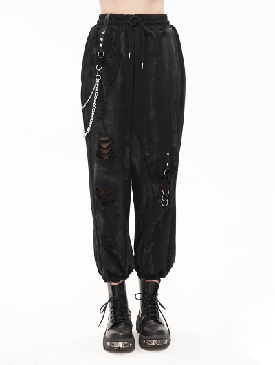 Black Gothic Punk Street Fashion Chain Loose Long Cargo Pants for Women