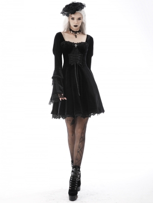 Black Gothic Victorian Velvet Long Sleeves Short Dress