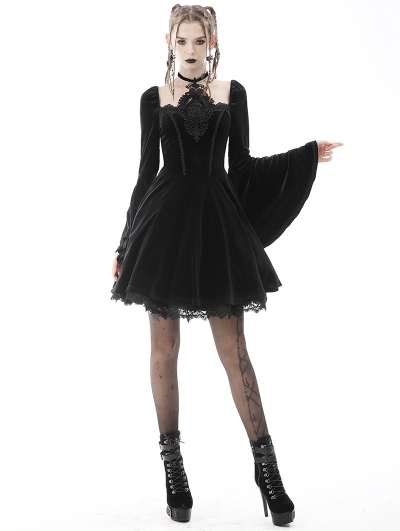 Black Gothic Velvet Lace Long Trumpet Sleeve Short Dress