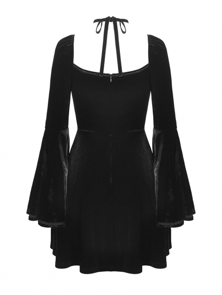 Black Gothic Velvet Lace Long Trumpet Sleeve Short Dress - Devilnight.co.uk
