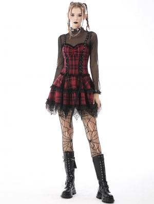 Black and Red Gothic Grunge Plaid Layered Mini Strap Dress