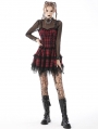 Black and Red Gothic Grunge Plaid Layered Mini Strap Dress