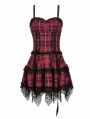 Black and Red Gothic Grunge Plaid Layered Mini Strap Dress