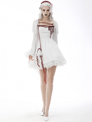 White Gothic Long Puff Sleeve Short Dress