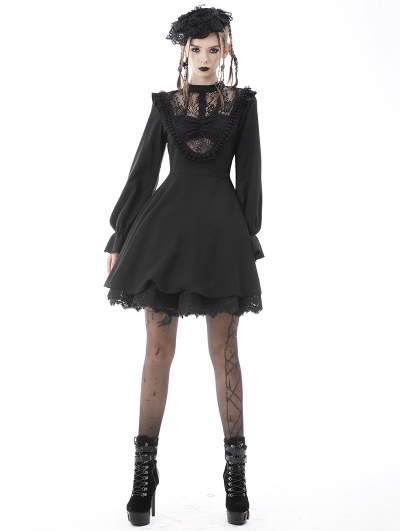 Black Gothic Sexy Lace Hollow-Out Long Sleeve Short Dress