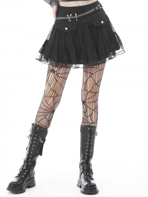 Black Gothic Punk Mesh Flap Mini Skirt