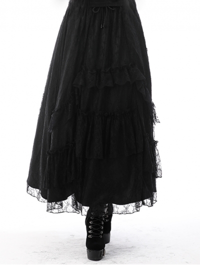 Black Gothic Vintage Elegant Frilly Lace Long Skirt