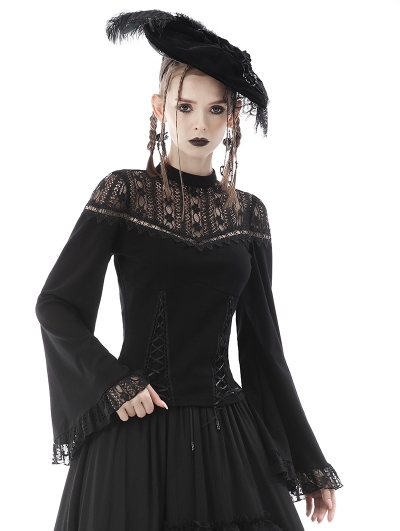 Black Gothic Elegant Lace Shoulder Long Bell Sleeve Top for Women