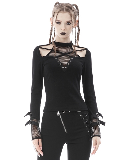Black Gothic Punk Daily Wear Long Sleeves T-Shirt for Women