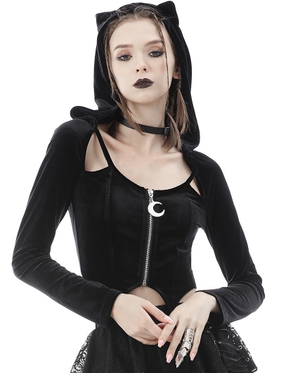 Black Gothic Sexy Cat Ear Fashion Hooded Long Sleeve Short Top for Women