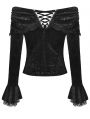 Black Gothic Vintage Off-the-Shoulder Velvet Embossing Long Sleeve Top for Women